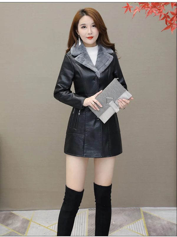 Shearling Collar Long Leather Coat