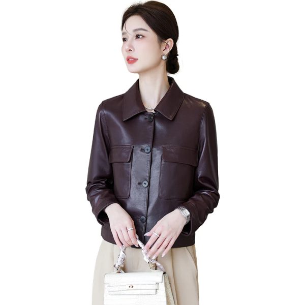 Collar Buttoned Down Leather Jacket For Women's - Image 3