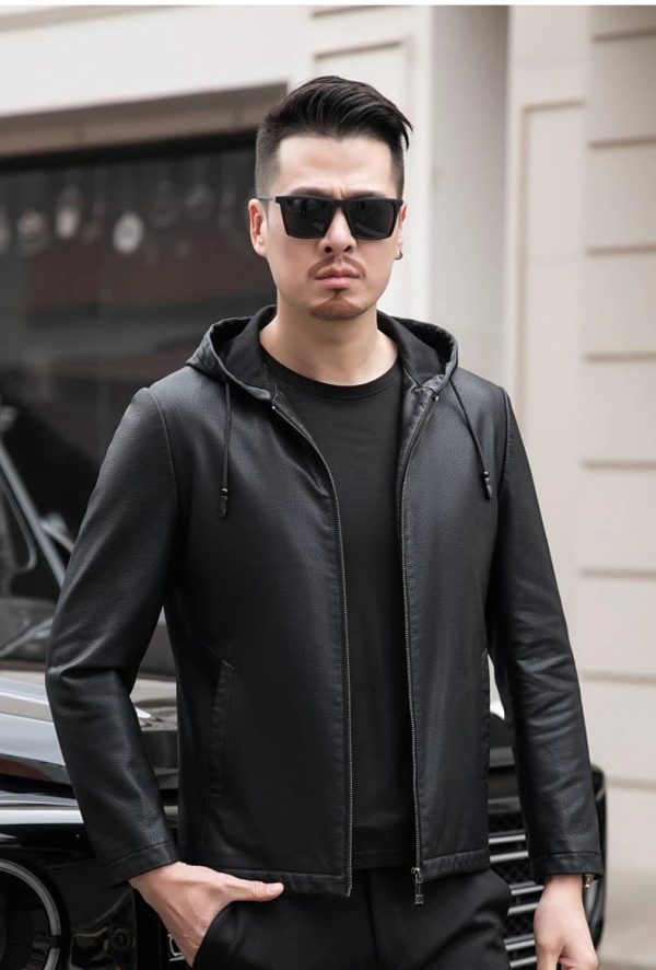 Leather Jacket With Hoodie For Men's