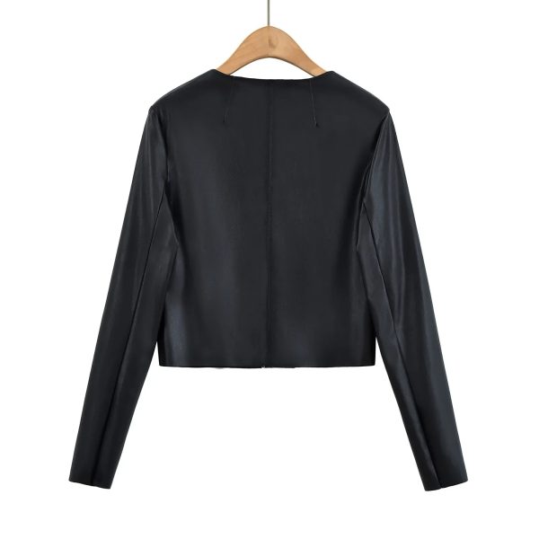 Simple Round Neck Riding Leather Jacket - Image 3