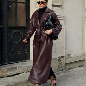 Lace Up Matte Leather Long Coat
