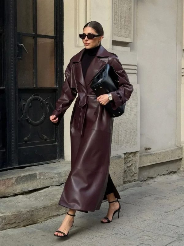 Lace Up Matte Leather Long Coat