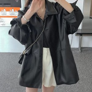 Oversized Buttoned Leather Jacket