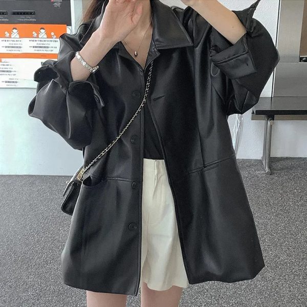 Oversized Buttoned Leather Jacket