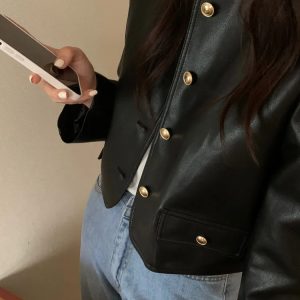 Buttoned Cropped Leather Jacket