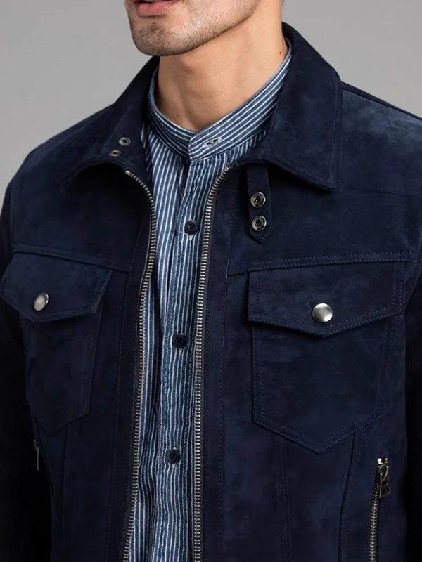 Classic Navy Blue Suede Leather Jacket - Image 5