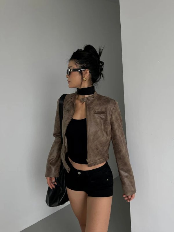 Cropped Biker Leather Jacket - Image 4