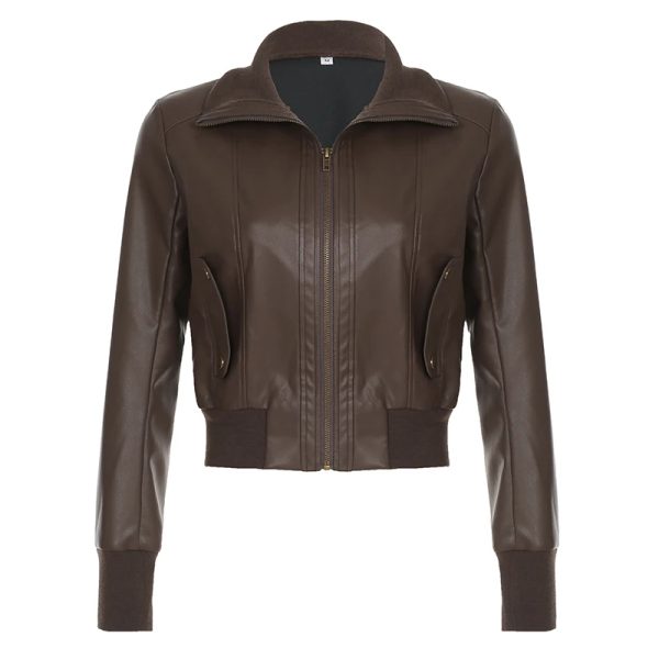 Shearling Collar Bomber Leather Jacket - Image 2