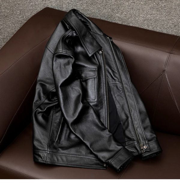 Mens classic shirt collar black leather jacket - Image 8