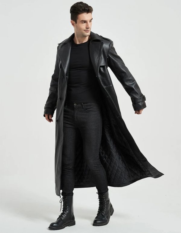 Double Breast Leather Long Trench Coat - Image 3