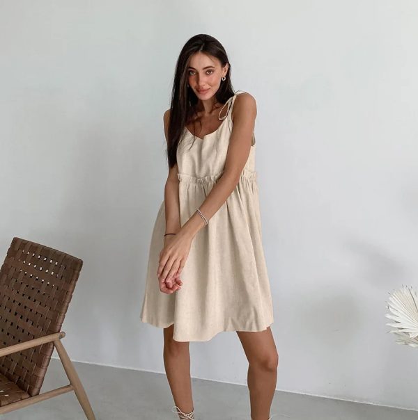 Cute Tiered Ruffle Empire Waist Linen Mini Summer Sundress - Image 2