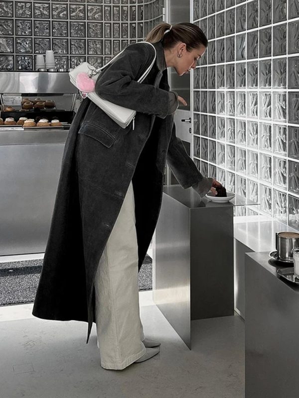 Gray Leather Long Coat - Image 5