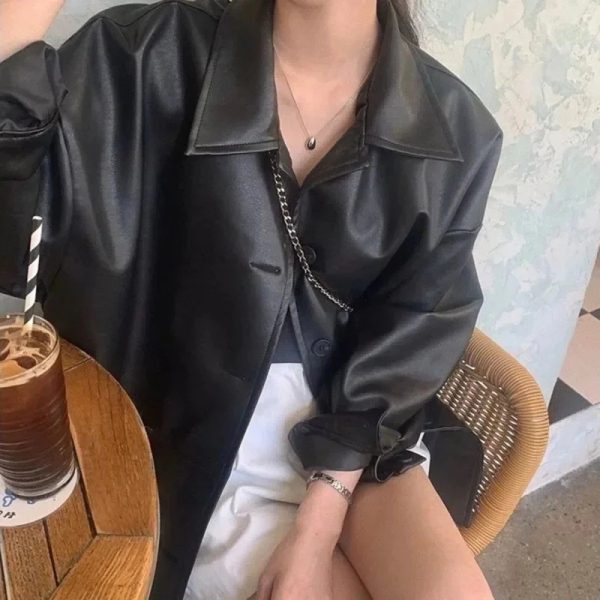 Oversized Buttoned Leather Jacket - Image 3
