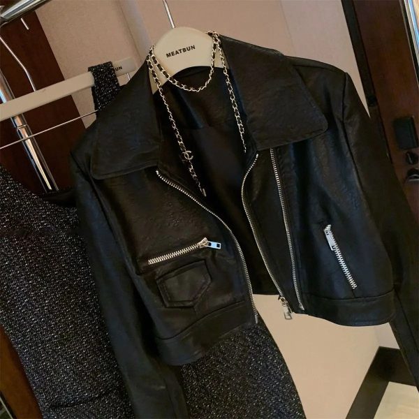 Cropped Leather Jacket For Women - Image 3