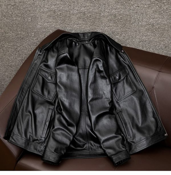 Mens classic shirt collar black leather jacket - Image 9
