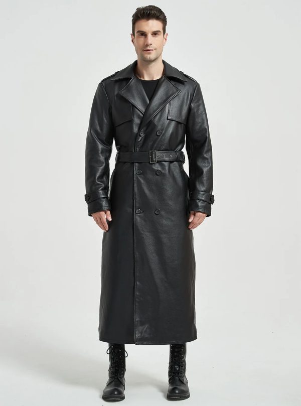 Double Breast Leather Long Trench Coat