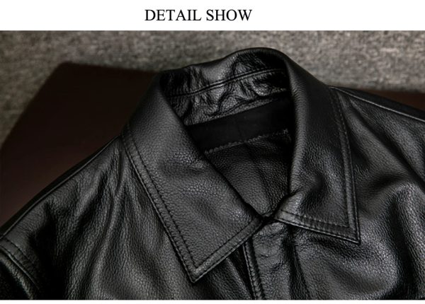 Mens classic shirt collar black leather jacket - Image 5