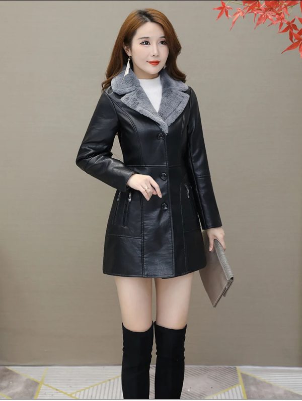 Shearling Collar Long Leather Coat - Image 2
