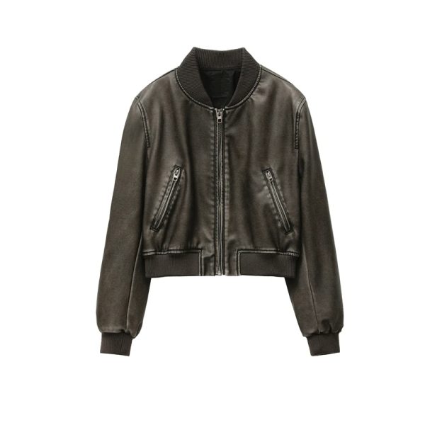 Cropped Bomber Style Leather Jacket - Image 2