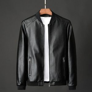 Round Neck Bomber Style Leather Lacket