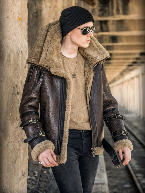 Double Shearling Collar Leather Jacket - Image 2