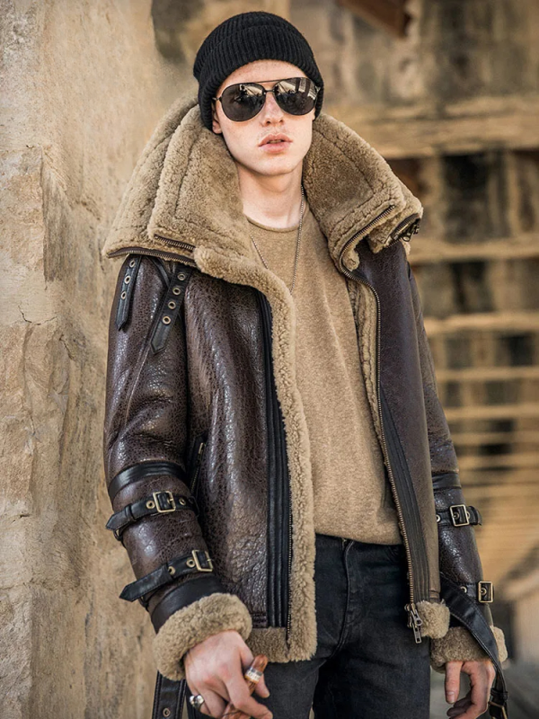 Double Shearling Collar Leather Jacket