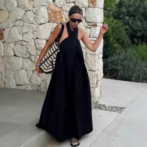 Backless Crossover Neckline Long Dress