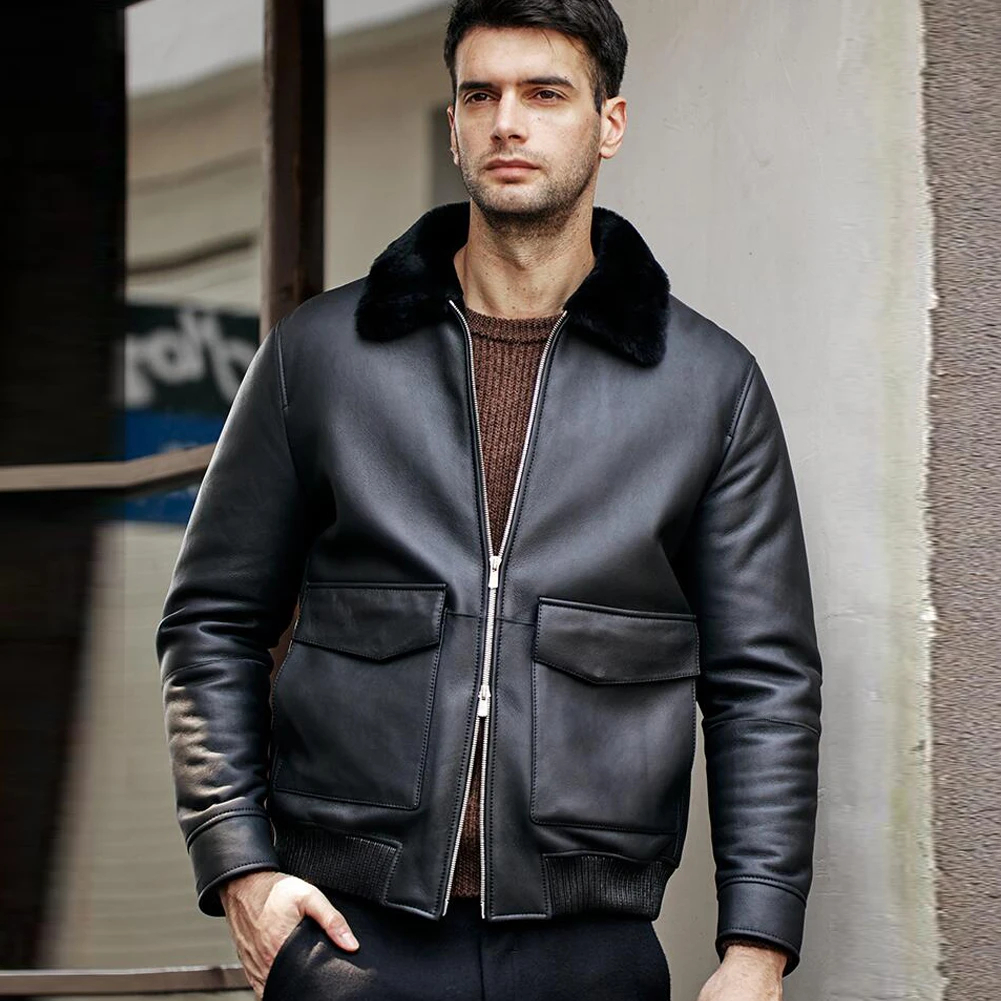 Classic Black Shearling Collar Leather Jacket