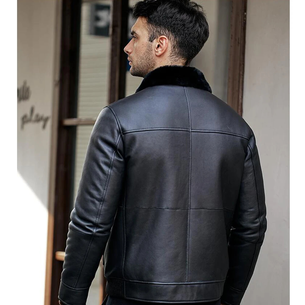 Classic Black Shearling Collar Leather Jacket - Image 2