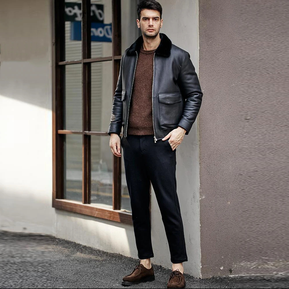 Classic Black Shearling Collar Leather Jacket - Image 3