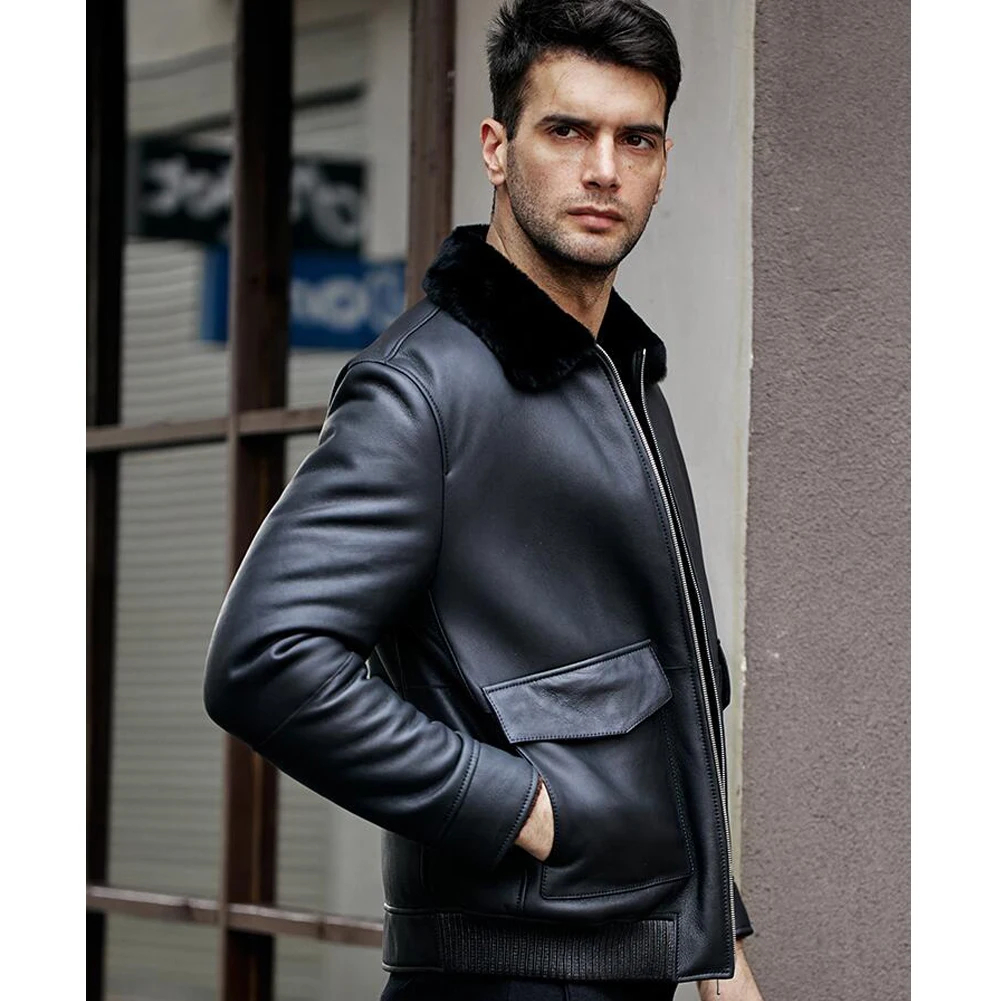 Classic Black Shearling Collar Leather Jacket - Image 4