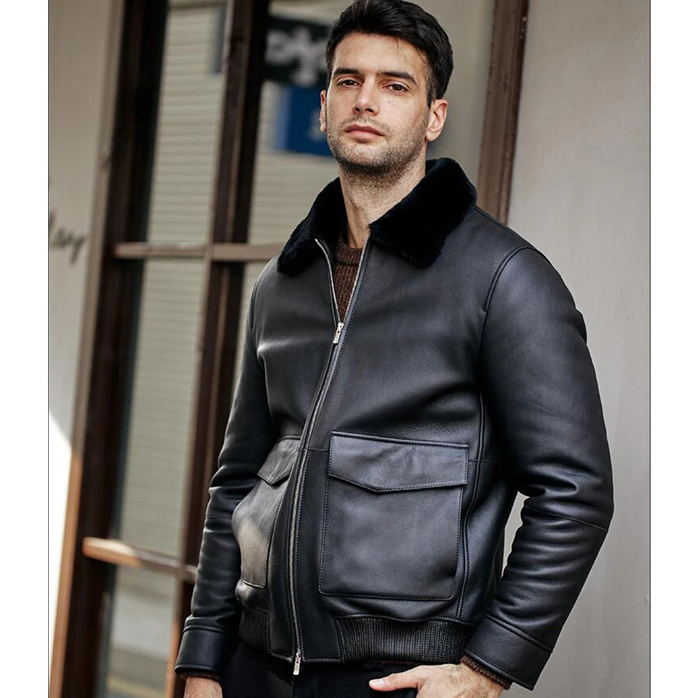 Classic Black Shearling Collar Leather Jacket - Image 5