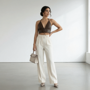 The Valkyrie Genuine Leather Halter Top in Chocolate Brown, laid flat.