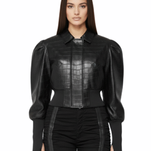 Women's Genuine Leather Croc Embossed Cropped Puff Sleeve Jacket