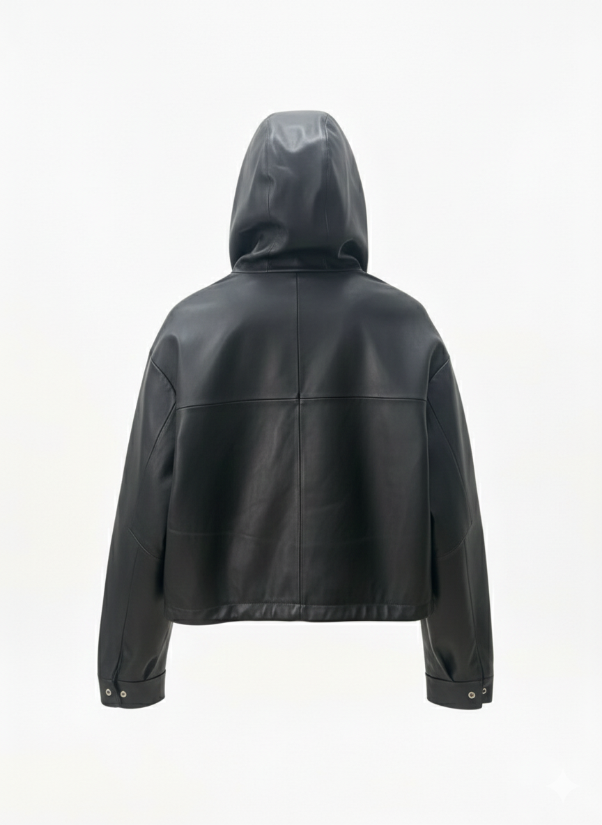 Black Premium Leather Cargo Cropped Biker Jacket - Image 2