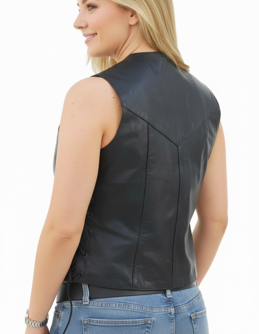 "The Road Rebel" Women's Black Leather Biker Vest with Side Lacing - Image 3