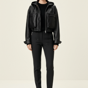 Black Premium Leather Cargo Cropped Biker Jacket