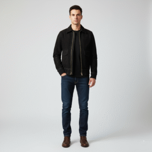 Classic Black Suede Bomber Jacket with Flap Pockets